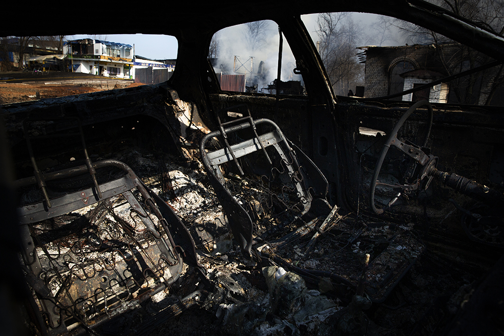 Car destroyed by Russian shelling in Kharkiv, Ukraine