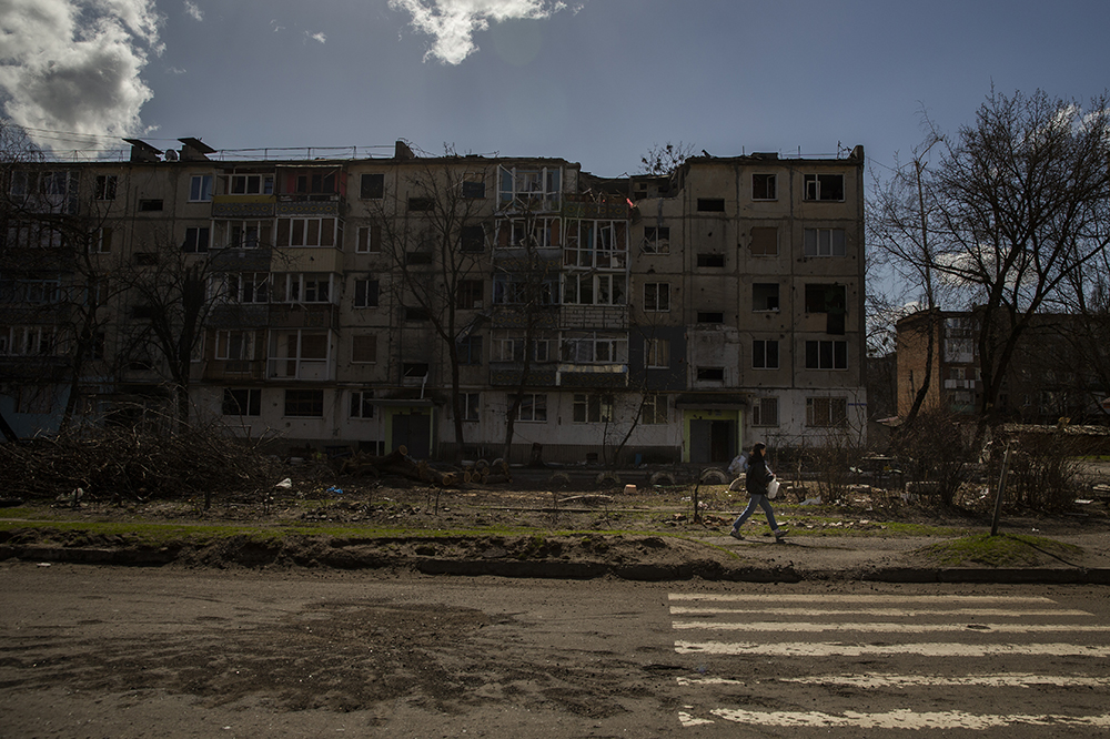 Woman walking in Okhtyrka, Ukraine