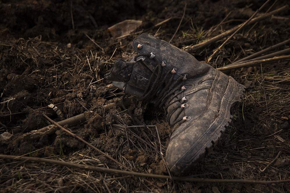 Boot left near tank in Ukraine