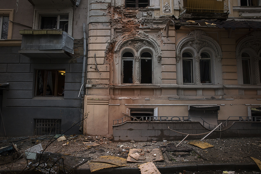 Building damaged by Russian shelling in Kharkiv on Easter Sunday