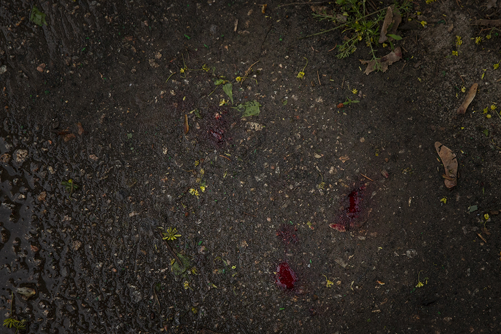 Blood drops on the ground after Russian shelling